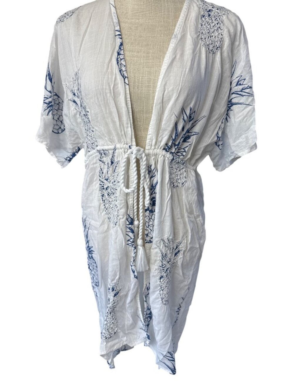 Blue Island Pineapple Print Beach Coverup Kimono Robe S